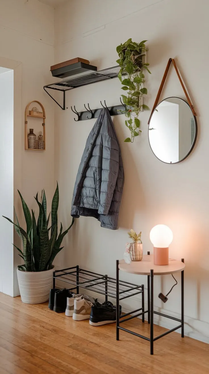 A charming apartment entryway boasts a functional coat rack and stylish accents, creating a warm and inviting atmosphere.