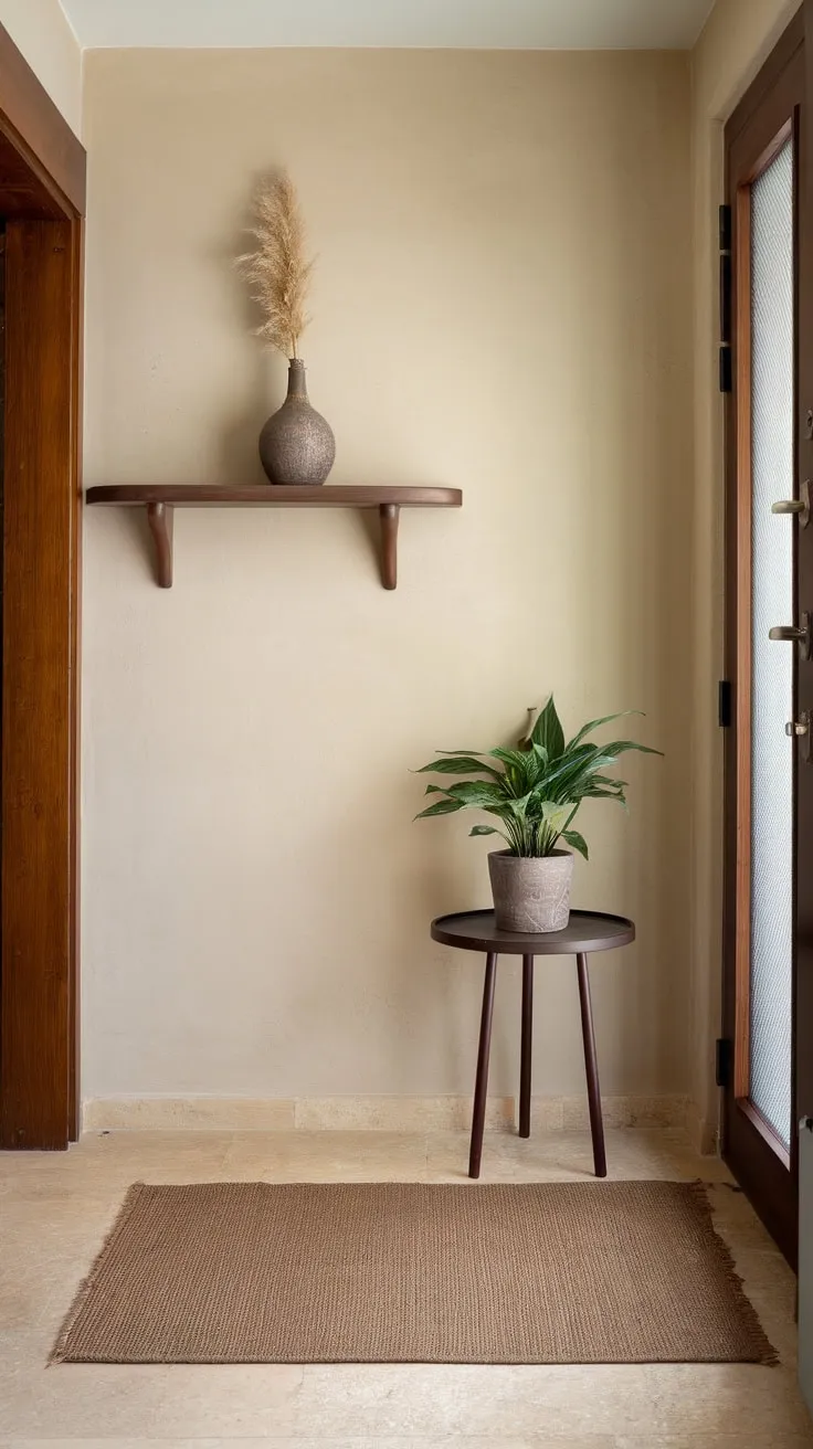 A welcoming apartment entryway features a beige palette, wooden door, and charming potted plant adding warmth to the tiled floor.