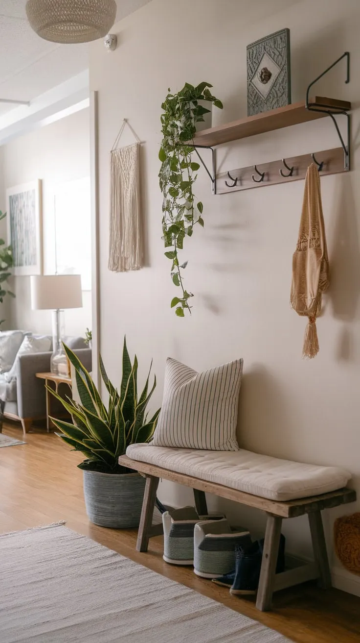 A welcoming apartment entryway, complete with bench, plant, and decorative accents, sets a cozy tone for the home beyond.