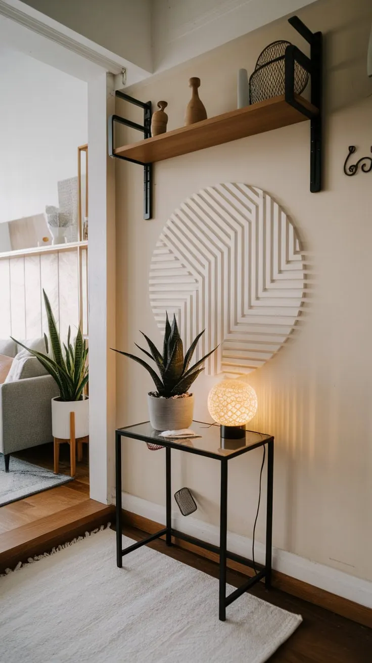 Geometric patterns and minimalist decor create a welcoming and stylish apartment entryway.