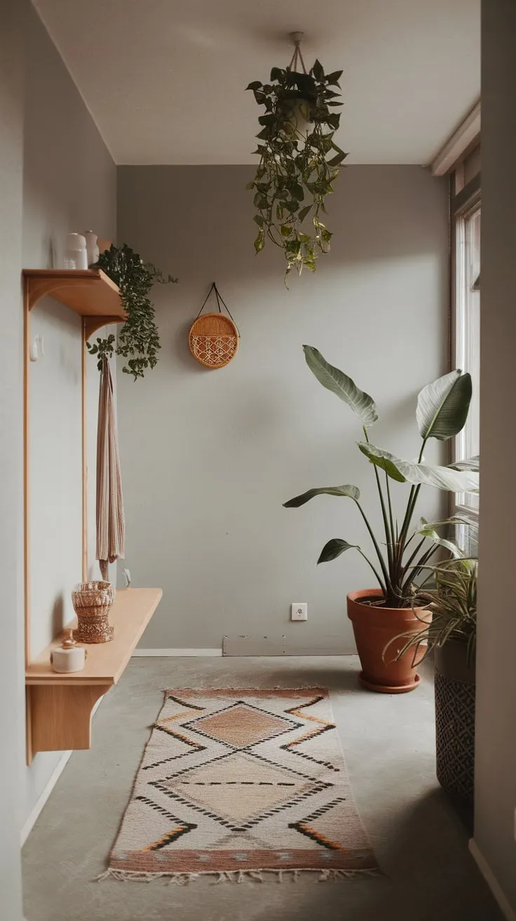 A modern apartment entryway boasts soft lighting, geometric rugs, and hanging plants against light gray walls, creating a welcoming and stylish atmosphere
