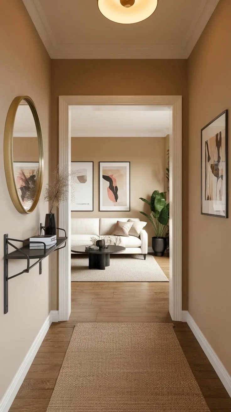 A beige apartment entryway, accented by a round gold mirror and decorative shelf, flows effortlessly into a bright living room.