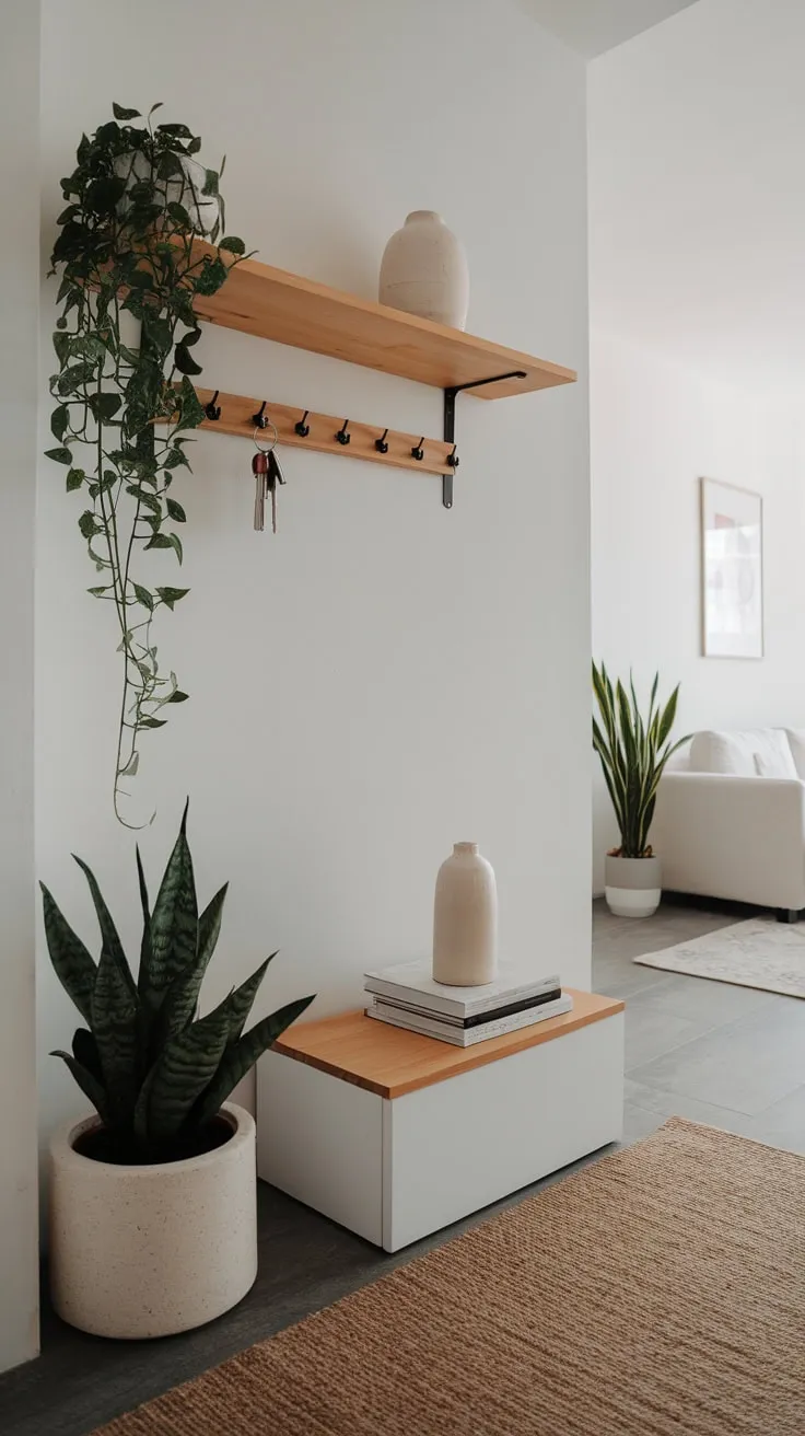 Minimalist apartment entryway featuring a plant, key hooks, and a glimpse of a bright living room beyond
