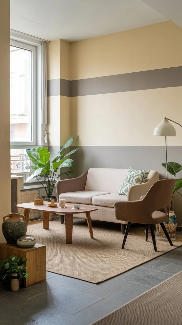 A stylish apartment entryway flows into a cozy living room, featuring beige tones, natural wood accents, and pops of green.