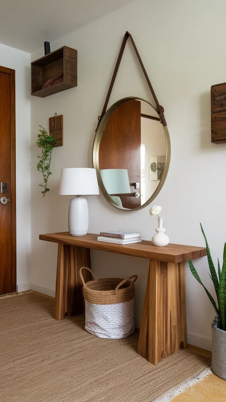 A welcoming apartment entryway boasts a stylish console table, adorned with subtle décor and a large mirror, creating an inviting atmosphere.