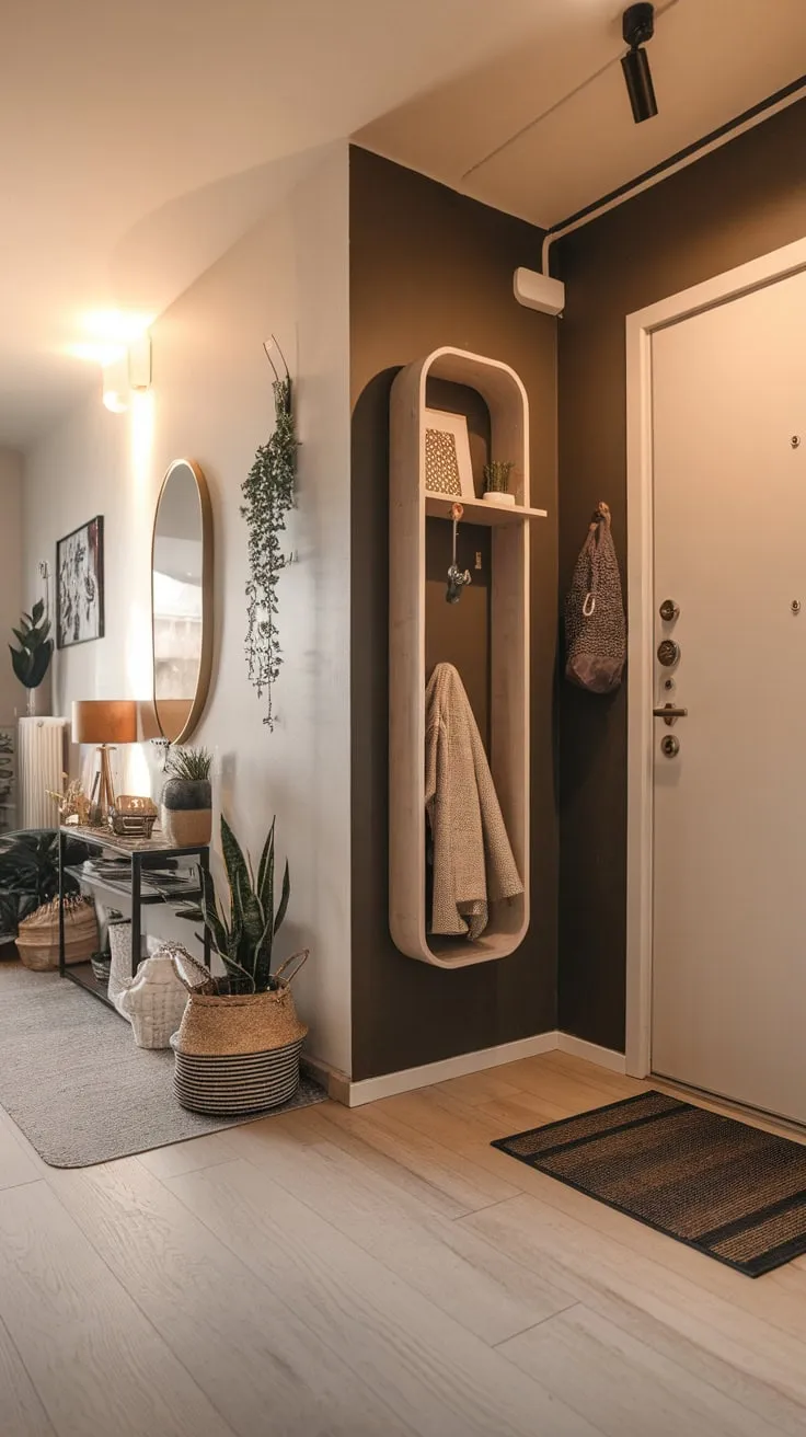 A modern apartment entryway boasts a minimalist design with functional hooks, a charming plant, and carefully chosen decorative elements creating a welcoming atmosphere.