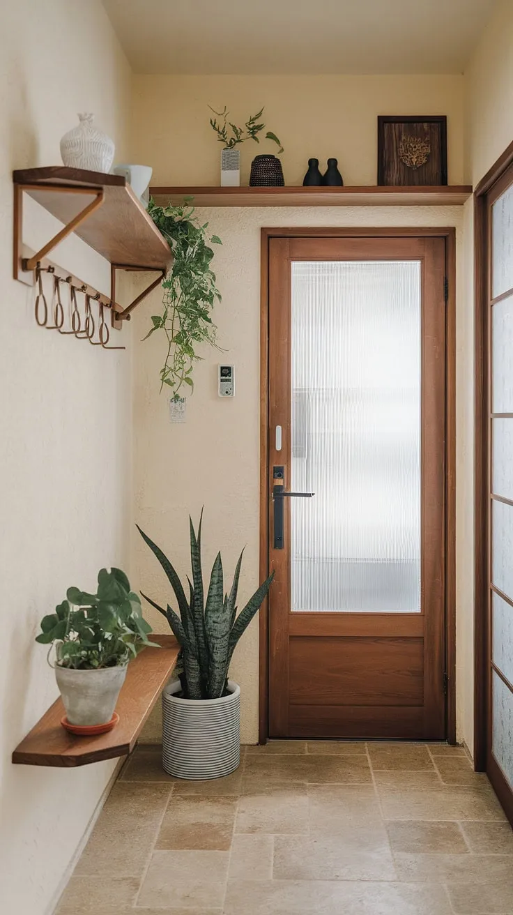 This apartment hallway is the epitome of Japandi interiors. The understated entrance decor, with its wooden shelves and greenery, perfectly complements the neutral beige walls and tiled floor. This apartment inspiration is a masterclass in creating a tranquil and stylish home entrance. The simple yet effective design makes it a dream house interior aspiration, showcasing the beauty of minimalist apartment decor.