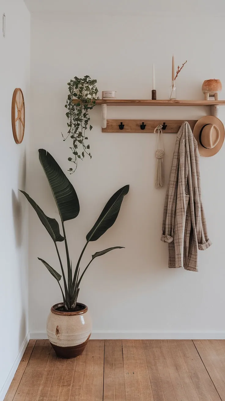 This apartment hallway is the epitome of Japandi interiors. The entrance decor is both functional and stylish, with a wooden coat rack holding coats and a hat, setting a welcoming atmosphere. The apartment decor inspiration is evident in the careful selection of elements – a large plant in a ceramic pot, a simple wooden shelf, and a neutral color palette. The overall effect is one of understated elegance, making this space a true dream house interior. This minimalist design offers a wealth of apartment inspiration for those seeking a serene and calming home.