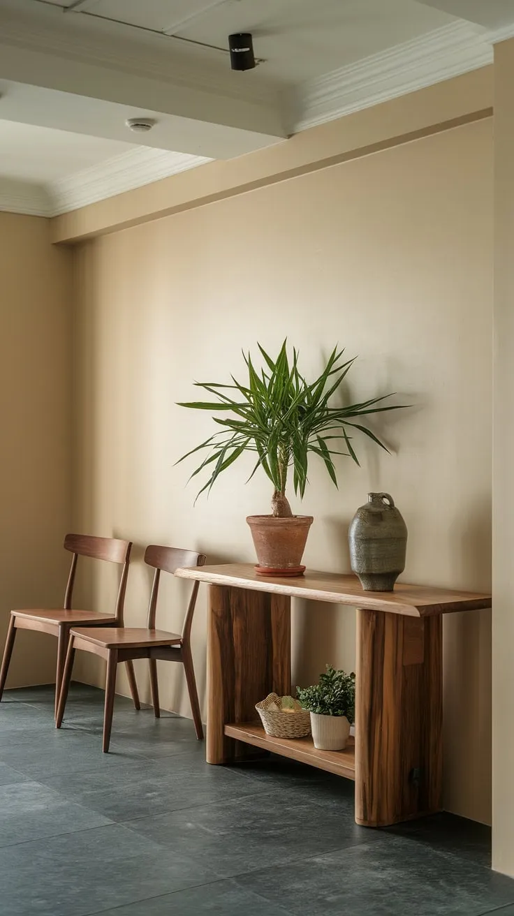 Serene simplicity defines this apartment hallway, where Japandi interiors meet practical home entrance decor. Apartment decor inspiration at its finest.