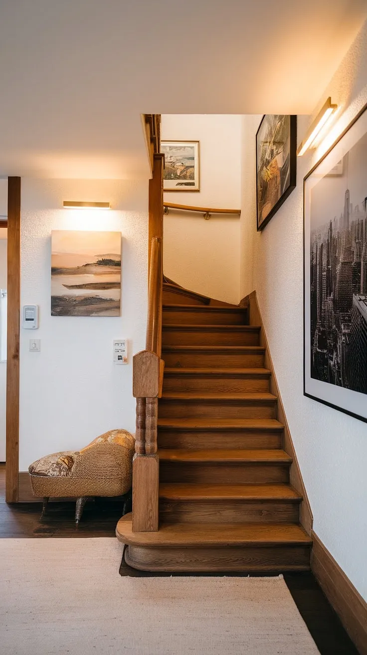 A tranquil apartment hallway, designed with japandi interiors in mind. The simple yet elegant entrance decor features a wooden staircase, a few carefully chosen pieces of artwork, and a light rug. This apartment decor inspiration is the epitome of calm and offers a peek into a dream house interior. The space serves as a perfect example of apartment inspiration.