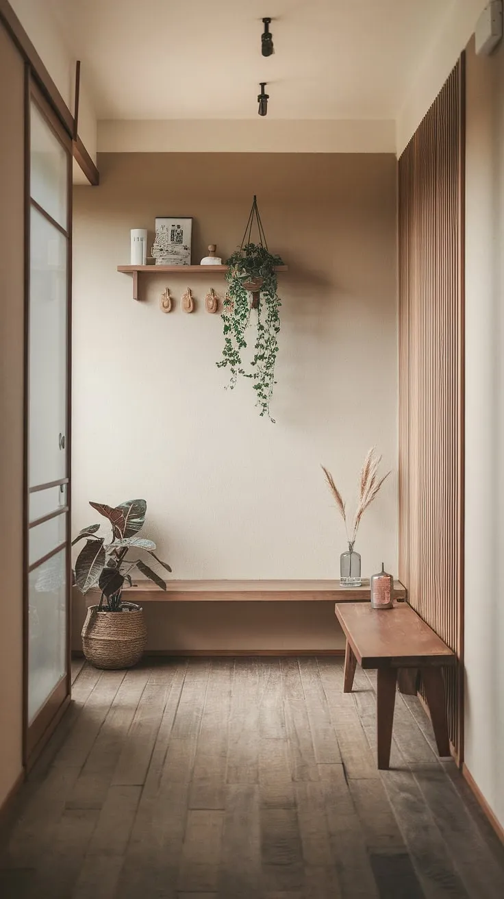 Soft light spills onto the warm wood floors of this apartment hallway, showcasing the serene beauty of Japandi interiors. The home entrance decor, featuring a simple wooden bench and thoughtfully placed greenery, creates a welcoming atmosphere. This apartment decor inspiration offers a glimpse into a dream house interior, with subtle details like the wall-mounted shelf and hanging planter adding to the overall calm and minimalist aesthetic.