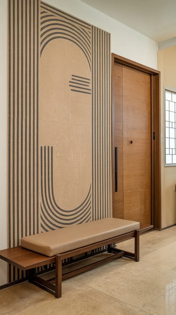 Serene and stylish, this Japandi apartment hallway sets the tone for the entire home. The geometric wall art, wooden bench with a calming beige cushion, and minimalist wooden door create a welcoming home entrance decor, offering a perfect blend of functionality and aesthetic appeal. This apartment decor inspiration showcases the beauty of understated elegance, a true dream house interior.