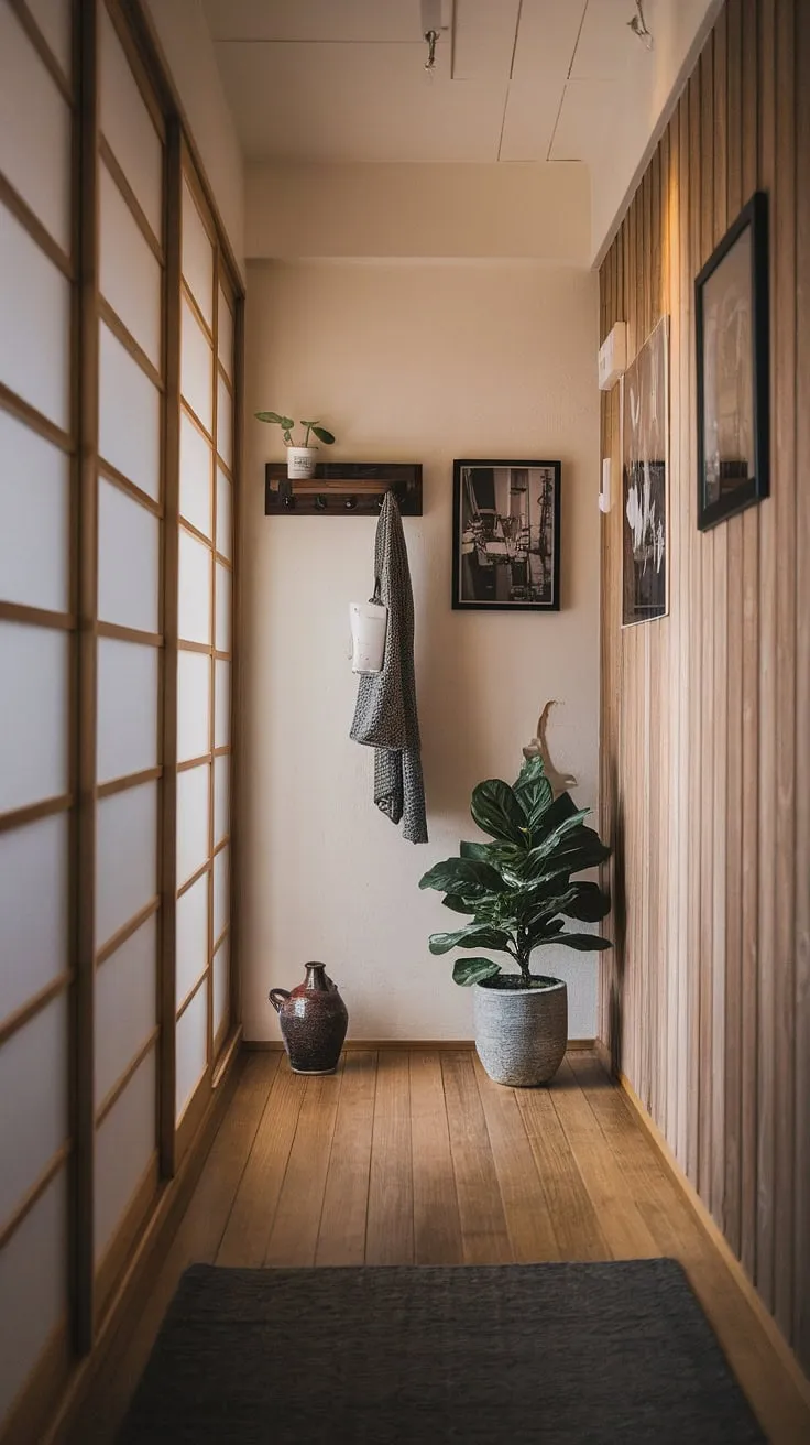 This apartment hallway is a masterclass in Japandi interiors. The wooden wall panels and floors create a warm and inviting atmosphere, perfectly complemented by the understated home entrance decor. A carefully curated selection of plants, a black and white photo, and a simple wooden coat rack contribute to the overall aesthetic, making this space a true source of apartment inspiration and a dream house interior goal. This is apartment decor inspiration at its finest.
