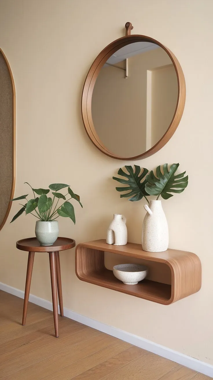 A serene apartment hallway, showcasing the beauty of Japandi interiors. The home entrance decor, featuring a minimalist wooden shelf and white planter, complements the large round mirror and small wooden side table with a flourishing green plant. This apartment decor inspiration offers a glimpse into a dream house interior, with its clean lines and calming beige walls.