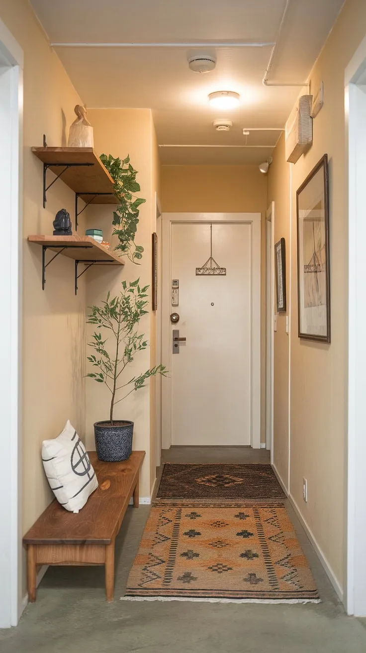 Warm, natural light bathes this Japandi-style apartment hallway, showcasing understated elegance. The home entrance decor, featuring a small plant and a wooden shelf with carefully curated items, creates a welcoming atmosphere. This apartment decor inspiration perfectly blends minimalist design with organic textures, offering a glimpse into a dream house interior. The subtle beige walls and soft rug complete the serene ambiance, making it the perfect example of japandi interiors.