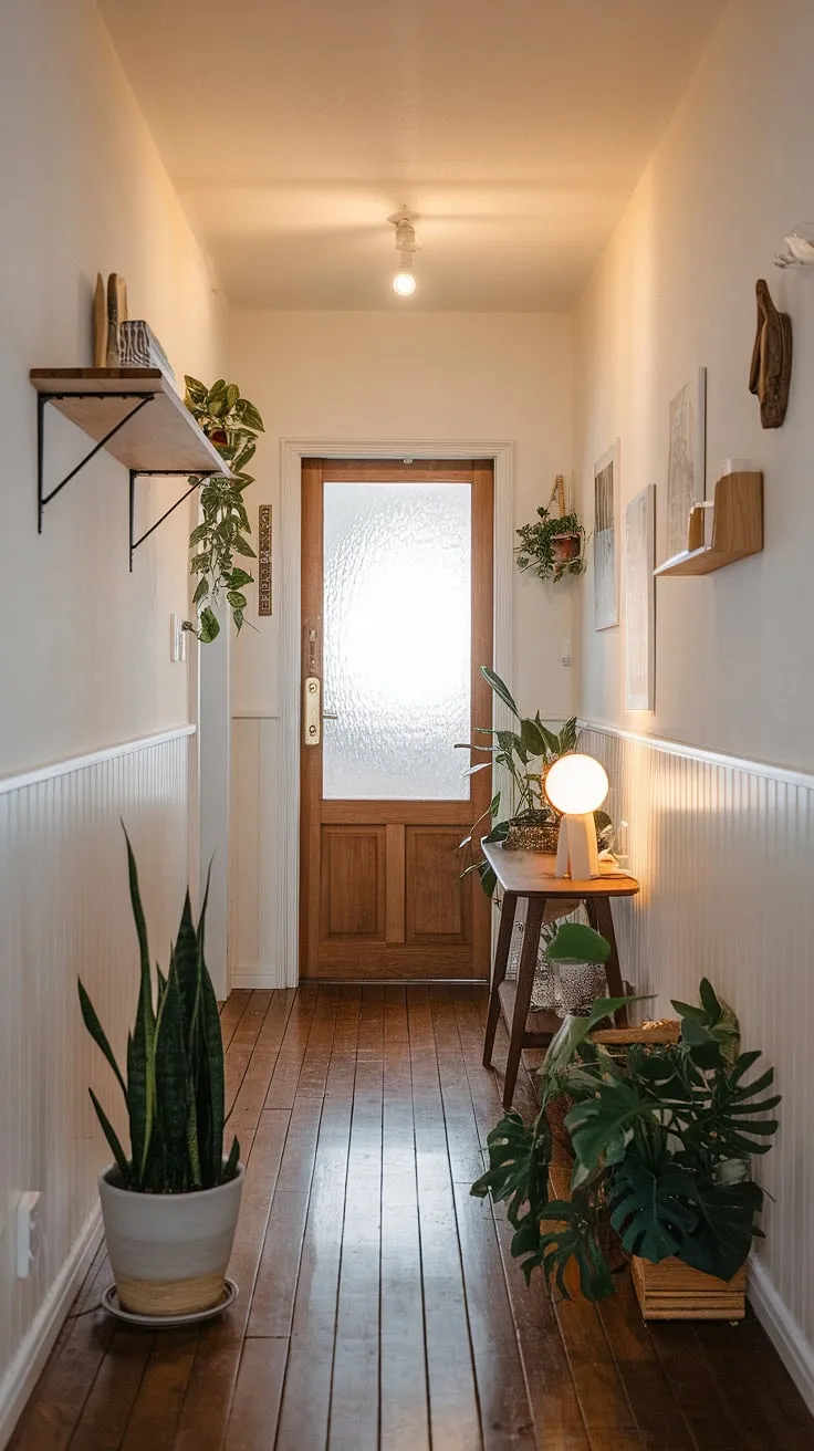 Warm light spills down this serene Japandi apartment hallway, showcasing the perfect blend of minimalist design and natural elements. The wooden floors and frosted glass door at the end create a calming atmosphere, while carefully curated home entrance decor, including potted plants and a simple wooden shelf, adds personality. This apartment decor inspiration offers a glimpse into a dream house interior, perfect for those seeking a peaceful and stylish home entrance.