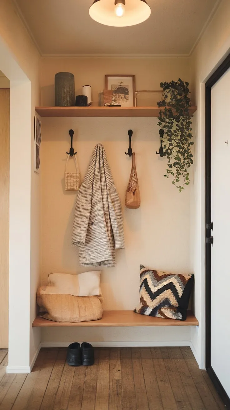 This apartment hallway is a perfect example of Japandi interiors, offering apartment inspiration for anyone seeking a tranquil home entrance. Simple yet stylish entrance decor, including a few coat hooks and a wooden shelf with carefully chosen accents, creates a welcoming and peaceful atmosphere. The overall design is a testament to the beauty of minimalist living and a dream house interior.