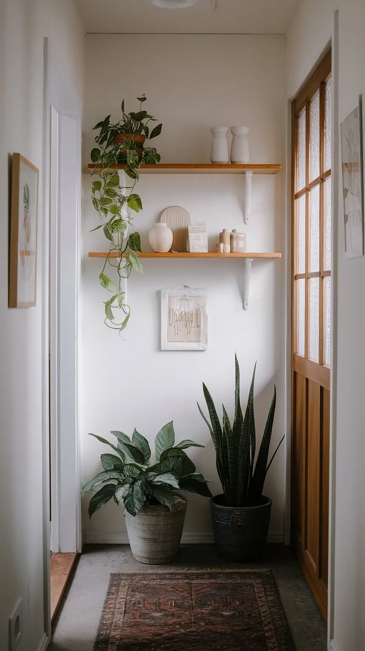 Step into serenity. This Japandi-style apartment hallway, with its thoughtful home entrance decor and calming atmosphere, offers apartment decor inspiration for your dream house interior.