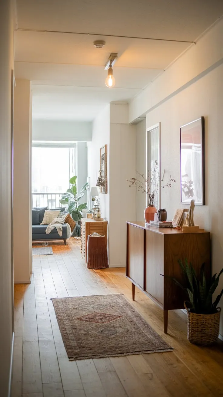 Step into serenity. This Japandi apartment hallway, with its thoughtful home entrance decor and calming entrance decor, sets the tone for the entire dream house interior. Apartment decor inspiration at its finest.