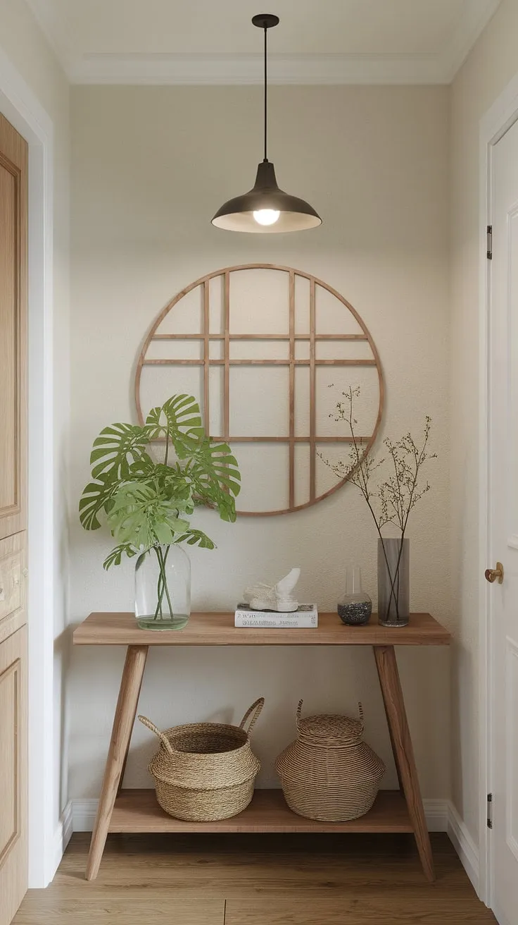 This apartment hallway is elevated to dream house interior status with this thoughtfully curated entrance decor. The light and airy space, featuring a Japandi-inspired console table with a green plant and subtle decorative accents, provides the perfect apartment decor inspiration. This is japandi interiors at its finest, a testament to the beauty of minimalist design.
