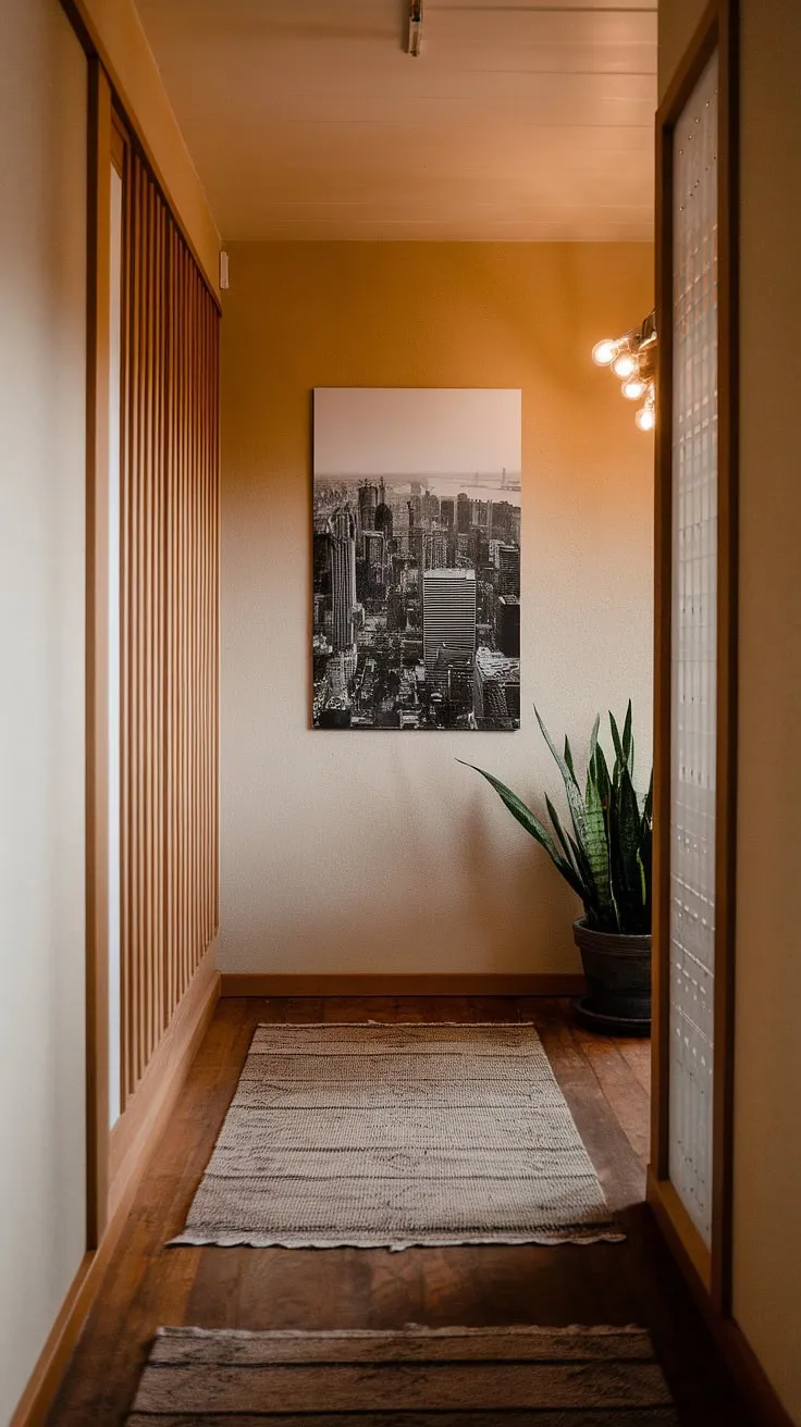 Dream house interior goals? This apartment hallway, with its japandi interiors and thoughtful entrance decor, proves that even small spaces can make a big statement. Find your apartment inspiration here.