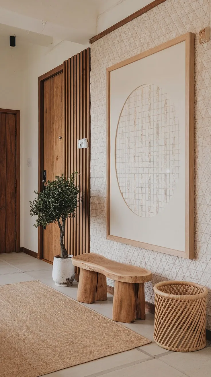 Serene simplicity defines this apartment hallway, where japandi interiors meet dream house interior goals. The home entrance decor, featuring a geometric statement piece, sets the tone for the entire space.