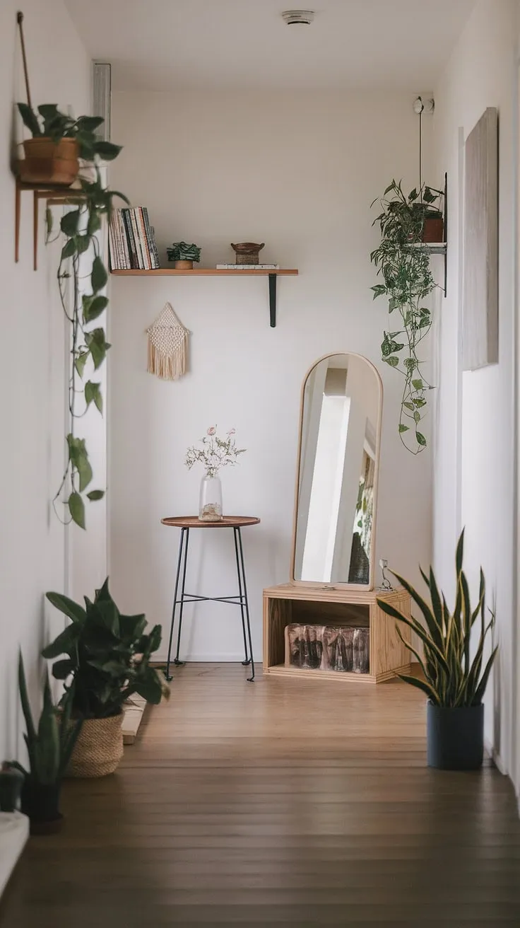 Serene minimalism meets functionality in this Japandi-style apartment hallway. The home entrance decor, including a simple mirror and wooden box, perfectly complements the calming apartment decor inspiration. This dream house interior showcases the beauty of understated elegance.