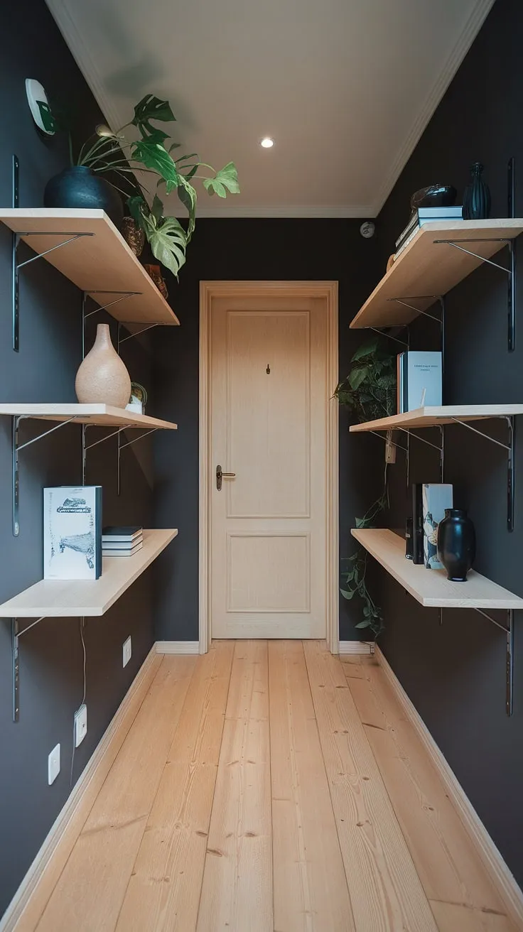 Soft light illuminates this serene Japandi apartment hallway, showcasing minimalist home entrance decor with open shelving displaying carefully curated items. The dark walls and light wood floors create a calming atmosphere, offering apartment decor inspiration and a glimpse into a dream house interior. This space perfectly embodies Japandi interiors.