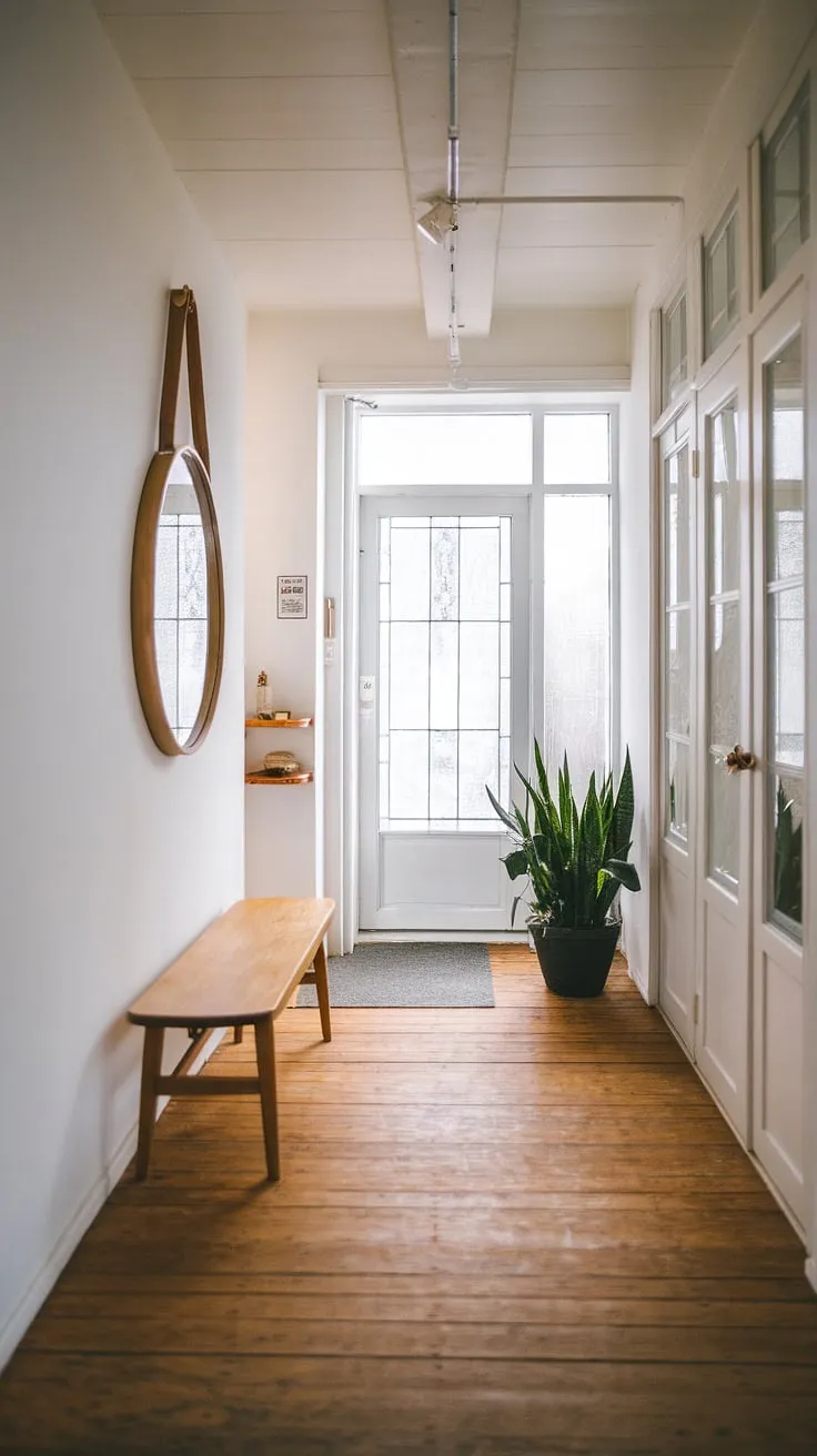 This dream house interior features a calming apartment hallway designed with japandi interiors in mind. The white walls and wooden floors create a neutral backdrop for the carefully curated entrance decor, including a wooden bench and a potted plant. The large mirror above the bench adds depth and light, making this apartment inspiration perfect for those seeking a minimalist yet inviting home entrance decor. This apartment decor inspiration is a masterclass in understated elegance.