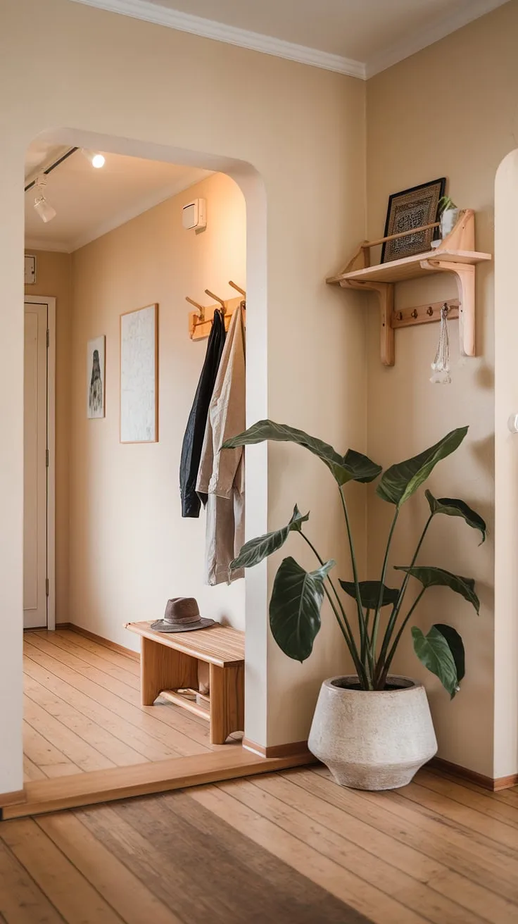 This apartment hallway exudes calm with its thoughtful Japandi interiors. The entrance decor is a study in minimalist elegance: a wooden coat rack, a few carefully chosen items on a small shelf above a vibrant potted plant, all set against a backdrop of soft beige walls and warm, inviting lighting. The wooden flooring adds to the natural feel, making this space a perfect example of apartment decor inspiration and a true dream house interior. This is the epitome of apartment inspiration for those seeking serene and stylish living.