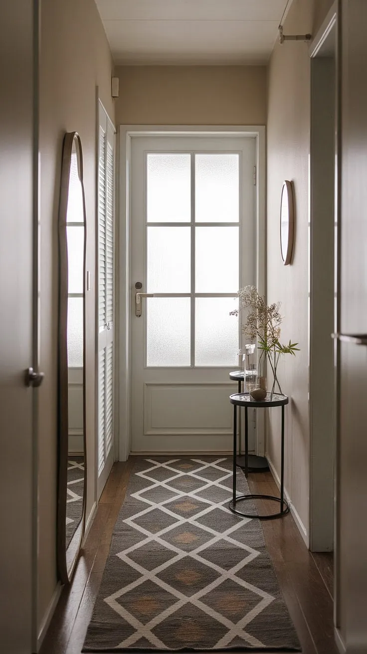 Soft light spills across the geometric rug in this serene Japandi-style apartment hallway. The minimalist home entrance decor, featuring a simple mirror and small table, sets a calming tone for the entire apartment. This apartment decor inspiration showcases the beauty of understated elegance, a true dream house interior. The frosted glass door at the end hints at the tranquil spaces beyond, making this a perfect example of Japandi interiors.