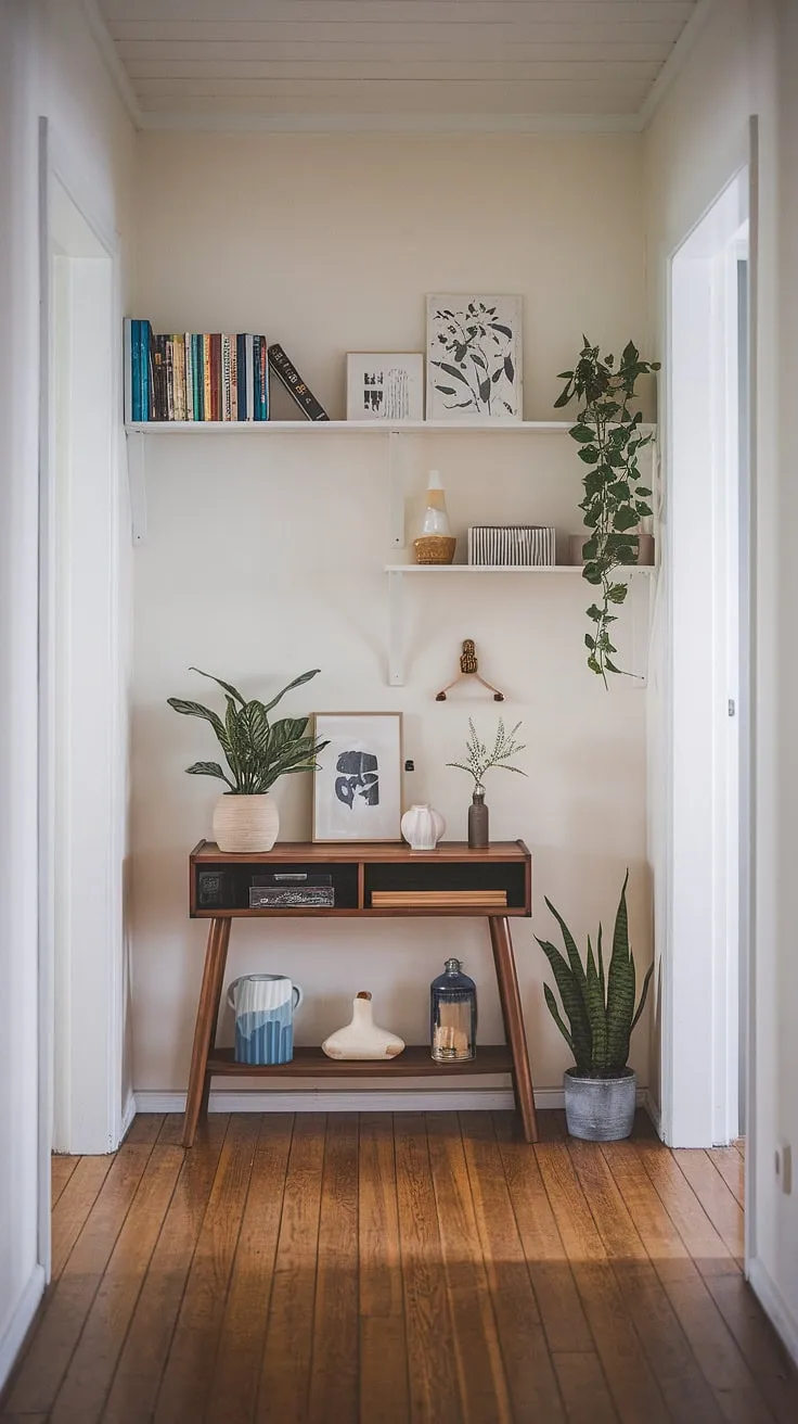 This apartment hallway is a masterclass in Japandi interiors. The home entrance decor is understated yet elegant, with a practical coat rack and a touch of greenery. A wooden console table anchors the space, showcasing a curated collection of decorative items. Built-in shelves add visual interest and functionality, displaying books and decorative objects. This apartment decor inspiration is perfect for anyone seeking a serene and stylish dream house interior. The overall ambiance is cozy and inviting, making it ideal apartment inspiration for those seeking a minimalist yet warm and welcoming space.