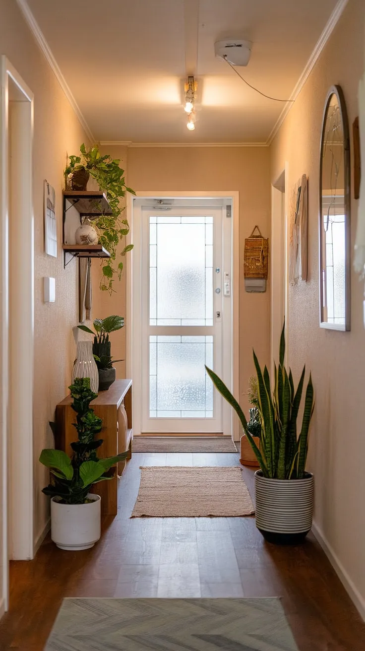 Warm, inviting light spills across the wooden floors of this apartment hallway, showcasing the serene beauty of Japandi interiors. Potted plants and carefully curated decorative items on a wall shelf add personality to the minimalist aesthetic, creating a welcoming home entrance decor that's pure apartment decor inspiration. This dream house interior offers a glimpse into effortless style and calm.
