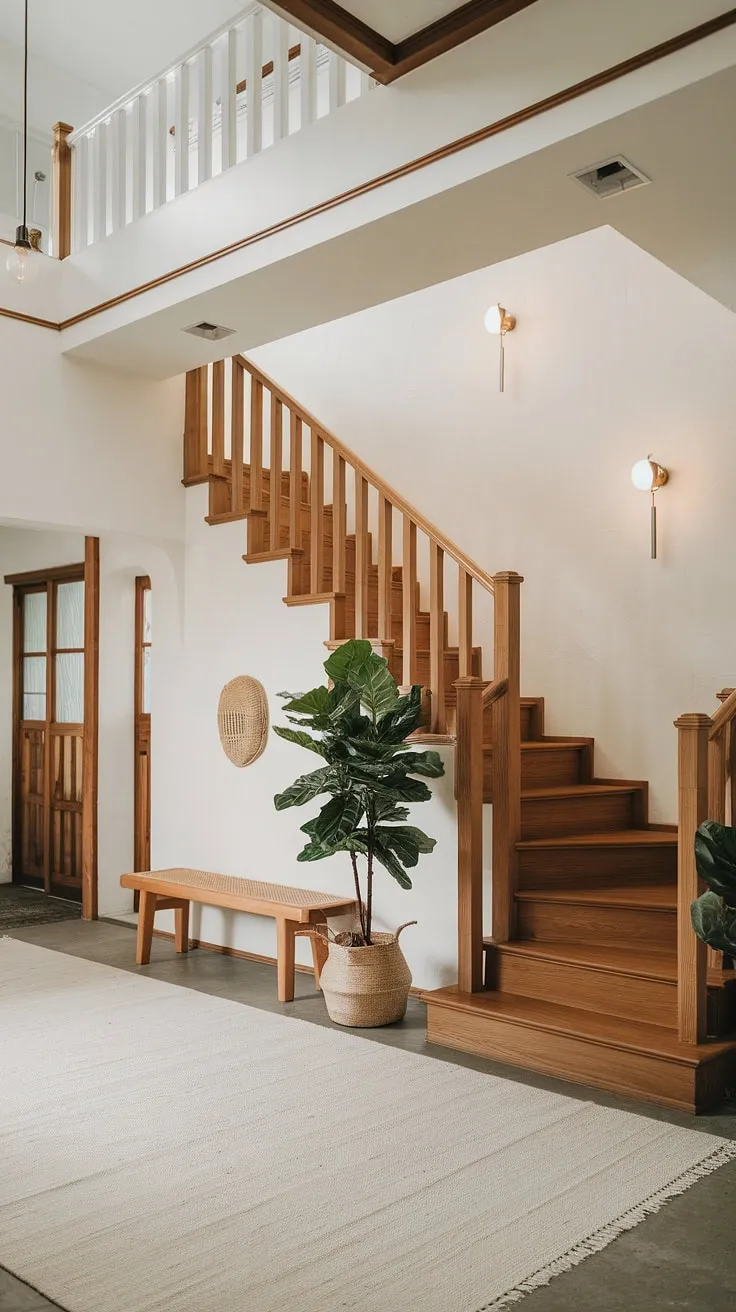 This bright and welcoming apartment hallway embodies the best of Japandi interiors. The clean lines of the wooden staircase and the minimalist entrance decor create a tranquil atmosphere. A touch of greenery and a comfortable bench add warmth to this apartment inspiration, making it the perfect home entrance decor for those seeking a peaceful and stylish dream house interior.
