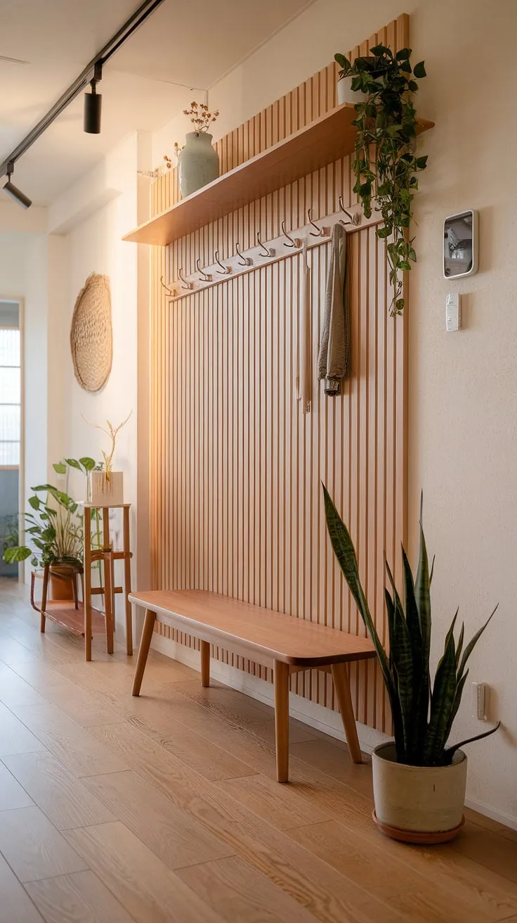 Warm, natural light bathes this Japandi-style apartment hallway, showcasing a serene blend of minimalist design and organic textures. The home entrance decor, featuring a simple wooden coat rack and potted plant, sets a welcoming tone. A wooden bench, plant stand, and wall shelf add functional elegance, offering apartment decor inspiration for creating a dream house interior. This space perfectly embodies Japandi interiors, providing ample apartment inspiration for those seeking a calm and stylish living space.