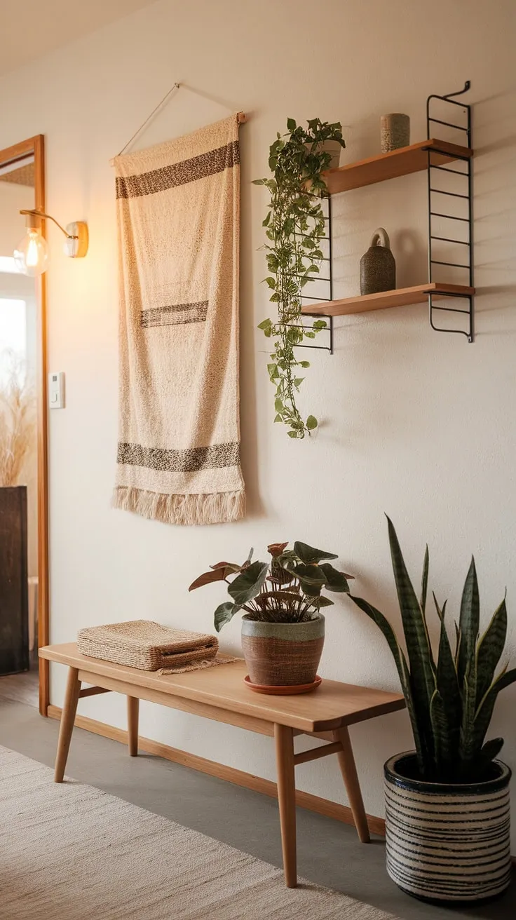 Warm, natural light spills into this serene Japandi-style apartment hallway, showcasing thoughtful home entrance decor. A simple wooden bench, adorned with a potted plant, invites you in, while a wall shelf displays further greenery and a ceramic accent piece. The soft rug underfoot and a calming tapestry add to the overall ambiance, offering apartment decor inspiration and a glimpse into a dream house interior. This space perfectly embodies Japandi interiors, creating a welcoming and peaceful apartment inspiration.