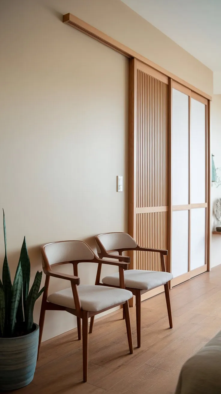 This apartment hallway is a masterclass in Japandi design. The neutral palette, natural wood flooring, and minimalist furniture—including the wooden sliding door and comfortable chairs—exude tranquility. This entrance decor is the perfect blend of Japanese and Scandinavian aesthetics, providing apartment inspiration and showcasing the potential for a dream house interior. The potted plant adds a touch of life to this stunning space.