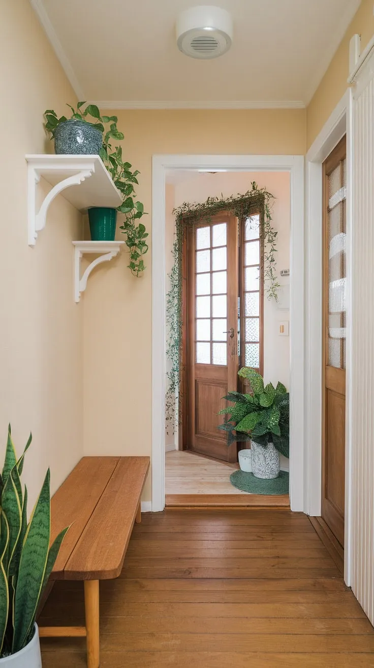 This apartment hallway embodies the essence of Japandi interiors. The soft beige walls and light wood floors create a neutral backdrop for the carefully curated home entrance decor. A wooden bench with a potted plant adds a touch of nature, while the white shelves with green accents provide a sense of calm organization. This apartment inspiration is a testament to the beauty of simplicity, offering a glimpse into a dream house interior with thoughtful details and a welcoming atmosphere.