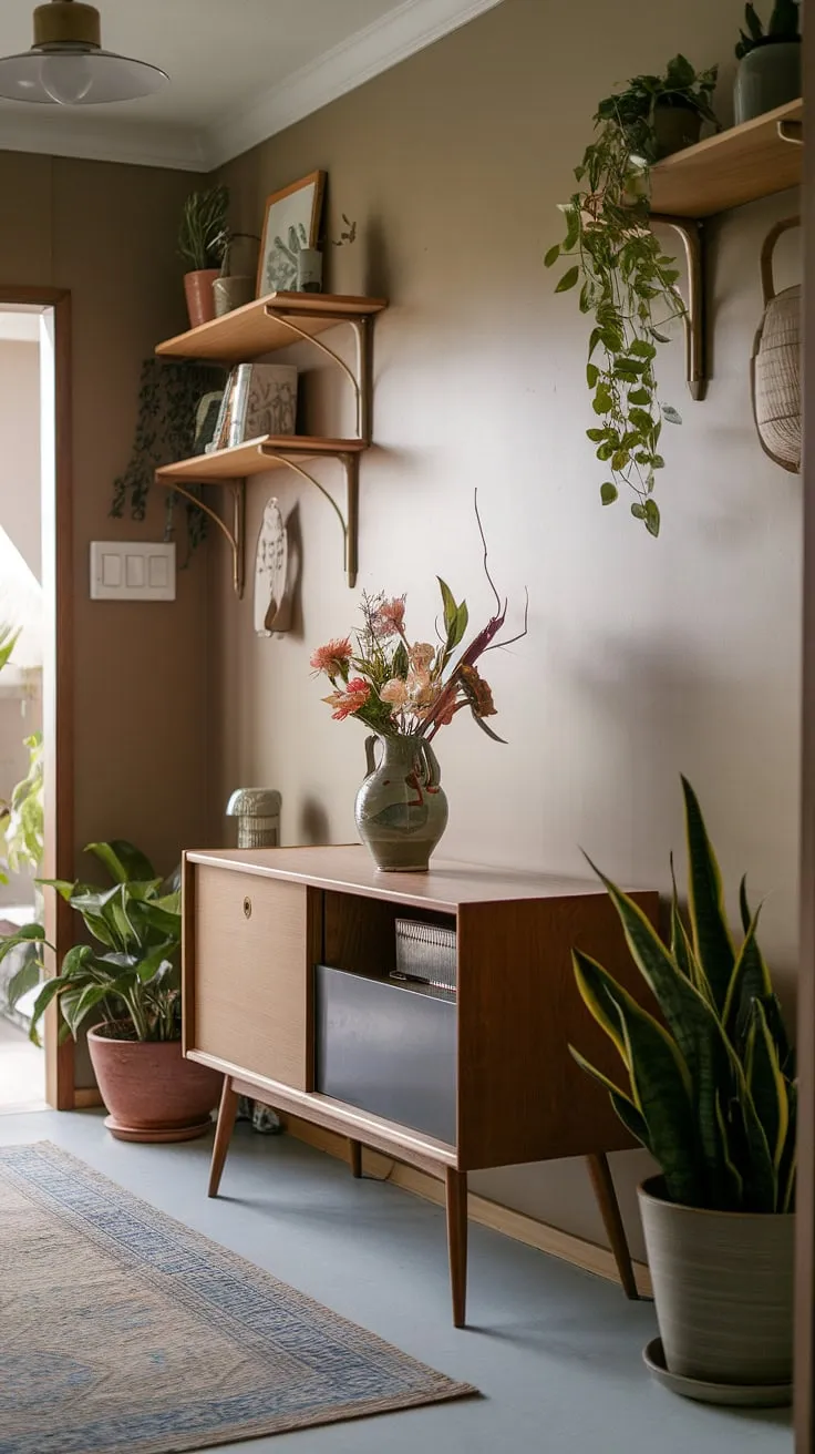 Serene and sophisticated, this Japandi-style apartment hallway welcomes you home with its thoughtful home entrance decor. The mid-century modern console table, adorned with a ceramic vase of flowers, sets a calming tone, complemented by the muted walls, wooden elements, and potted plants. This apartment decor inspiration showcases the beauty of minimalist design, offering a glimpse into a dream house interior and exemplifying the best of japandi interiors.