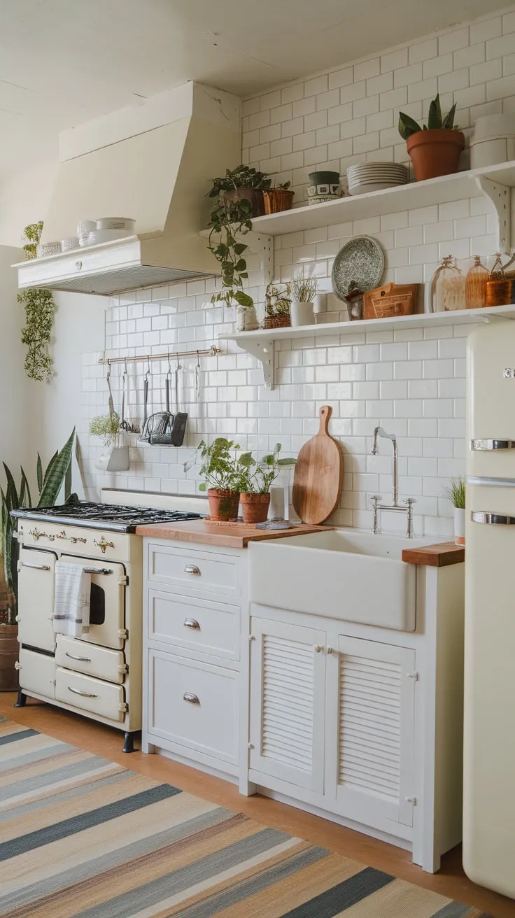 A small apartment kitchen boasts a surprisingly spacious farmhouse feel thanks to white cabinets, subway tile, and a vintage stove.