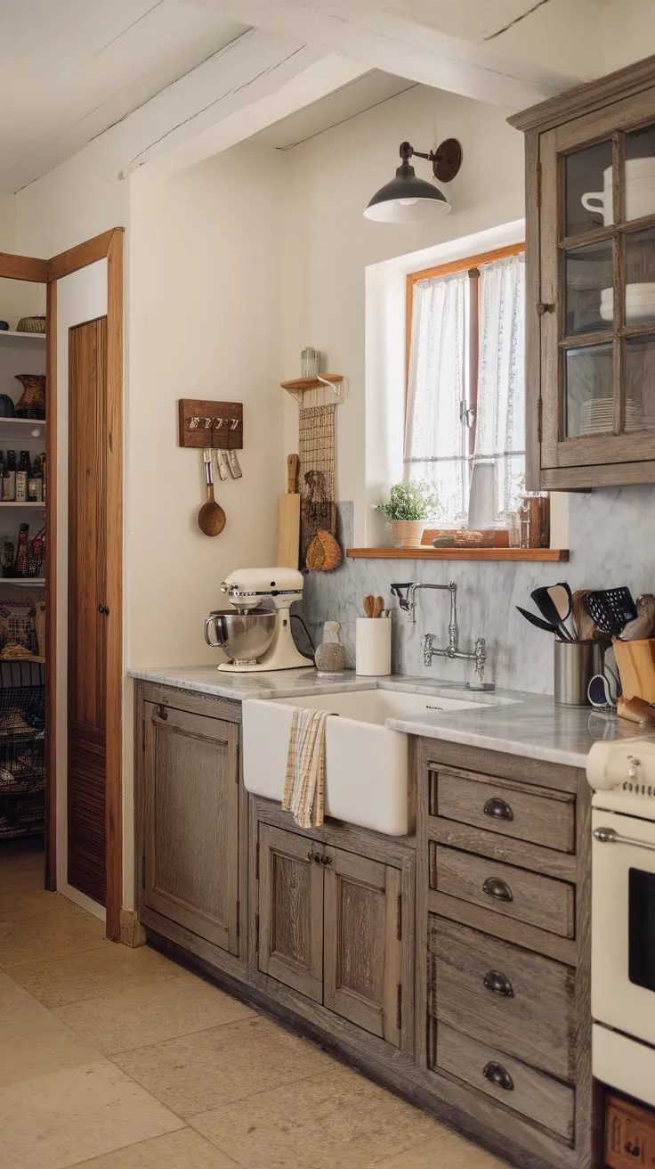 A charming farmhouse-style apartment kitchen boasts wooden cabinets, marble countertops, and vintage details.