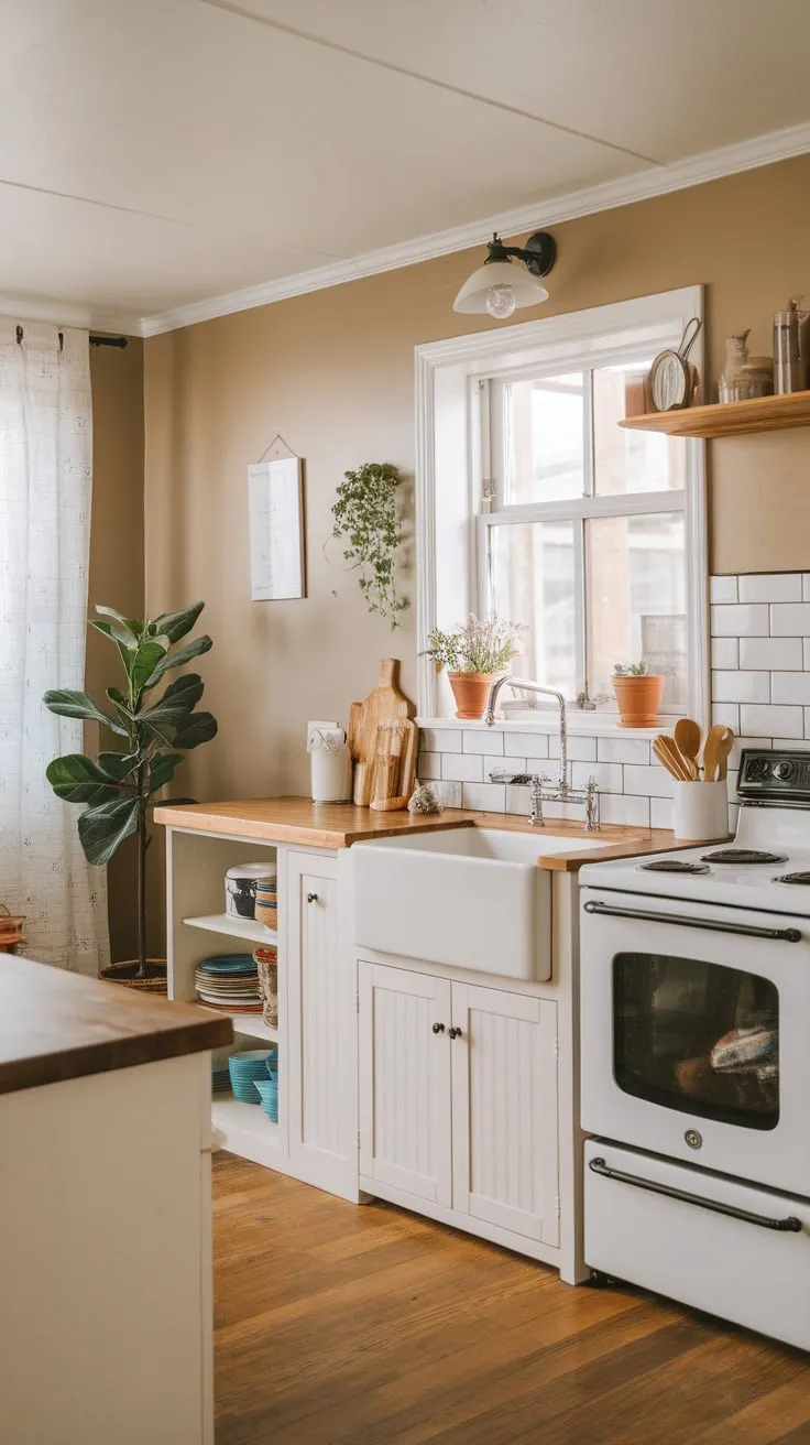 A charming farmhouse-style condo kitchen boasts a white sink, black stove, wooden countertops, and a cozy potted plant.