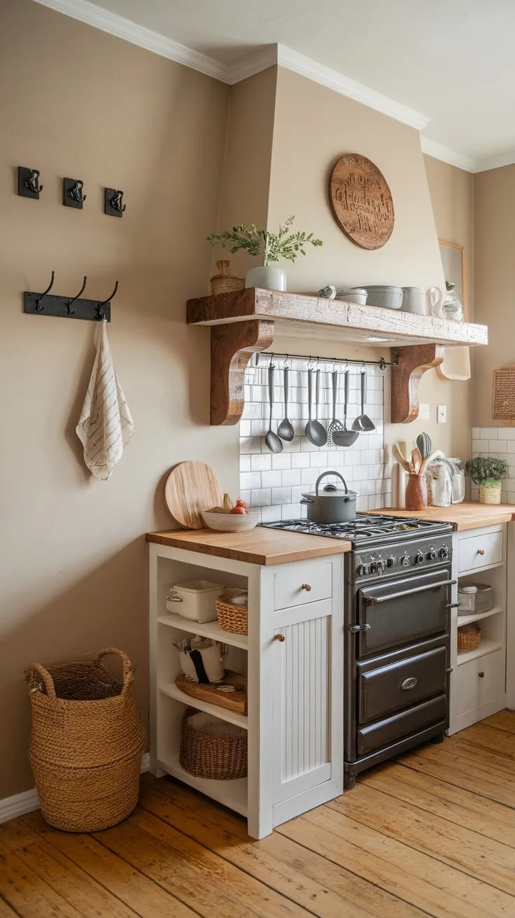 This charming apartment kitchen boasts farmhouse style with wooden floors, a small pantry, and decorative touches.