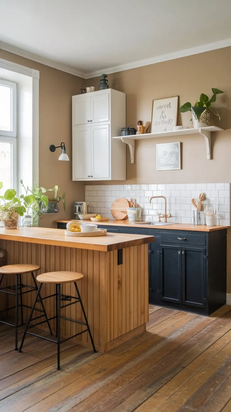 Charming farmhouse-style apartment kitchen boasts a wooden island and white cabinetry, creating a cozy and inviting space.