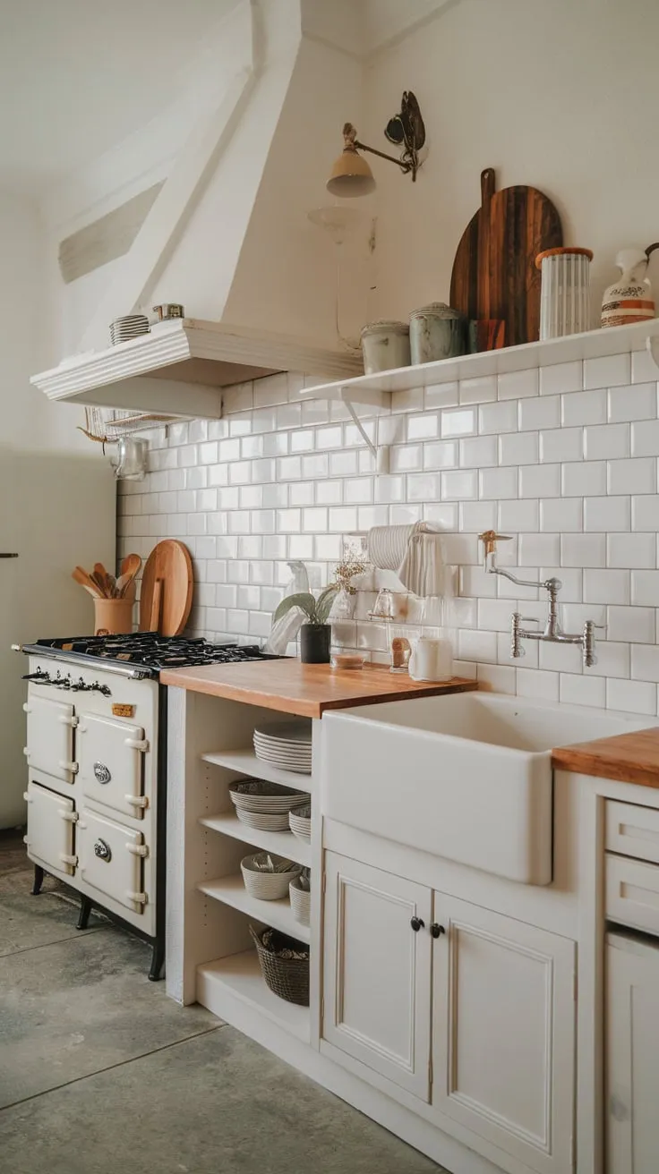 Charming farmhouse style reigns in this tiny apartment kitchen, complete with white cabinets, wooden countertops, and vintage stove.
