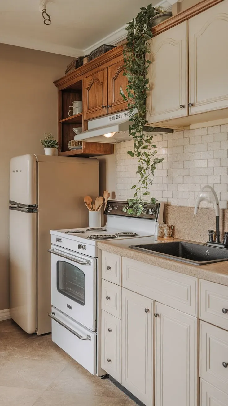 Warm beige tones and farmhouse charm create a cozy apartment kitchen retreat