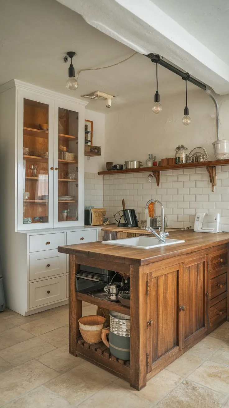 Charming farmhouse-style details maximize space in this cozy apartment kitchen.