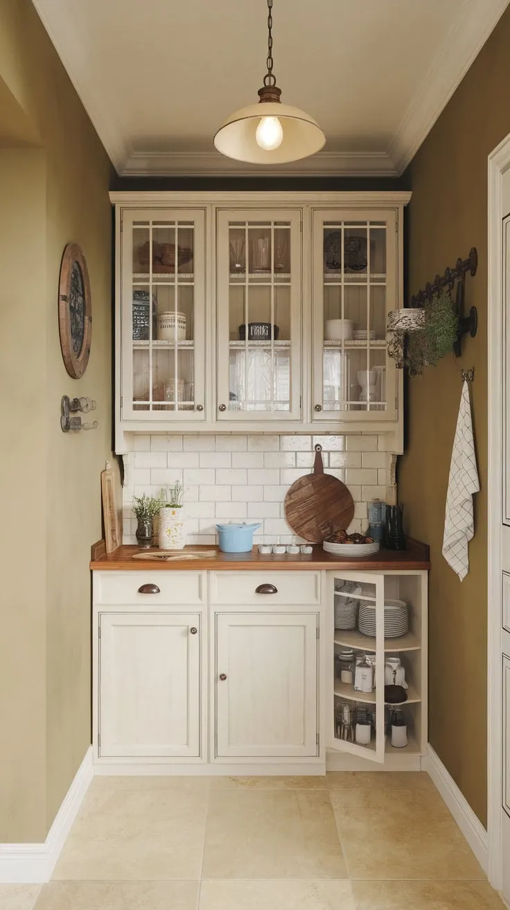A small but stylish apartment kitchen features a beige palette, white glass-front cabinets, wooden countertops, and a vintage light, creating a cozy farmhouse feel.