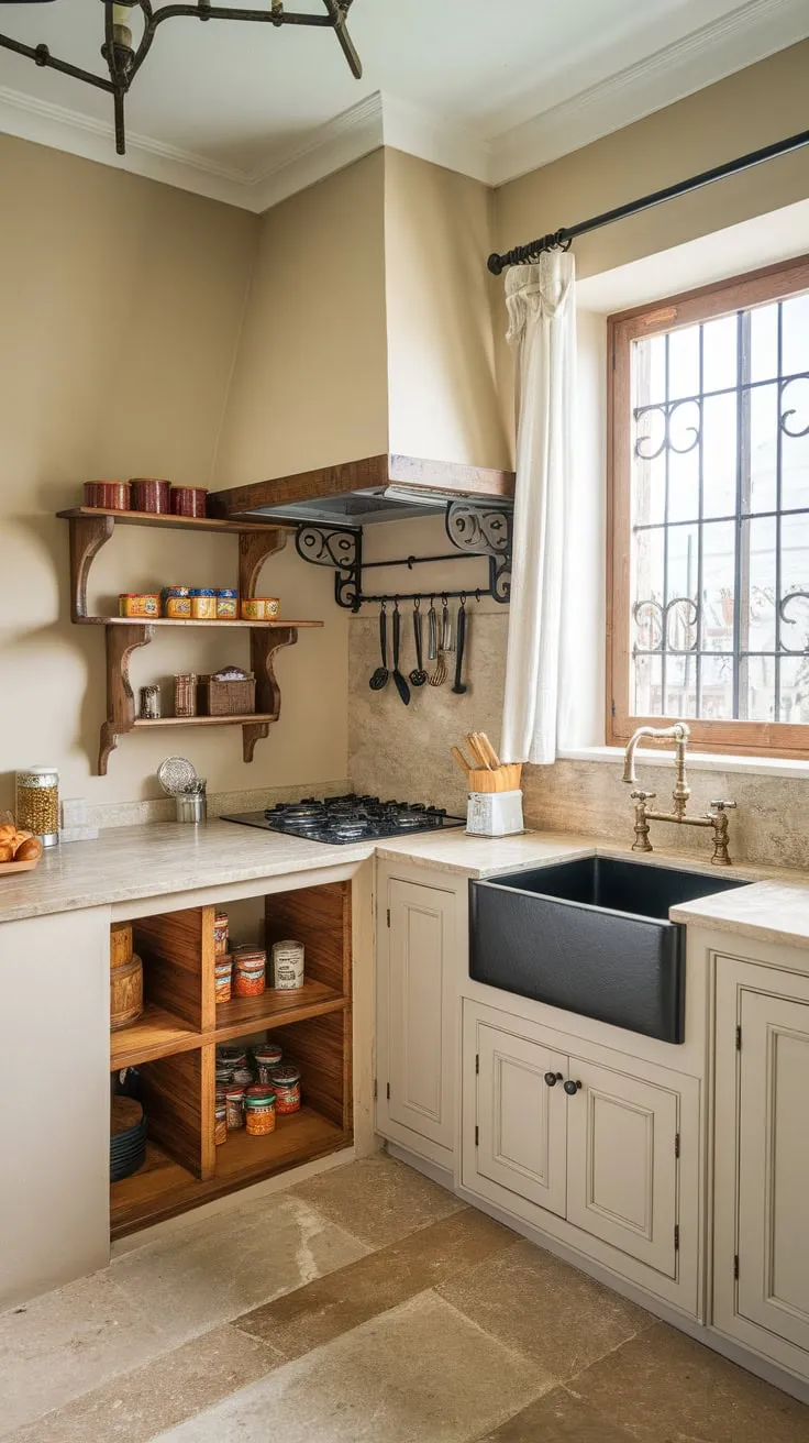 Beige tones and vintage iron accents define this condo's quaint farmhouse kitchen, complete with a small pantry and charming window.