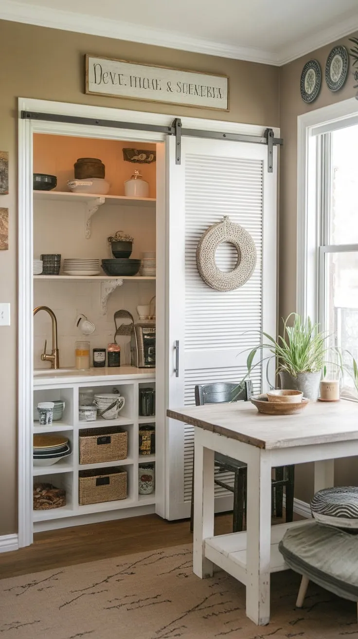 A charming farmhouse-style condo kitchen boasts a small pantry, white farm table, and subtle décor, creating a cozy and inviting space.